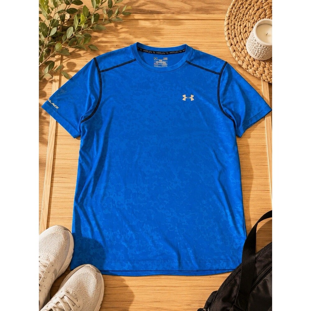 Under Armour HeatGear Men Large Blue Fitted Running Shirt Short Sleeve Athletic